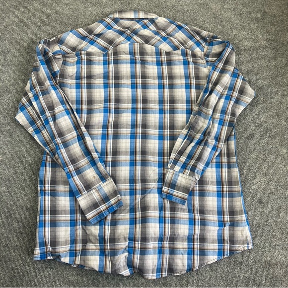 Vintage Wrangler Men’s Pearl Snap Flannel Size XLT blue and grey rancher cowboy - Picture 6 of 9